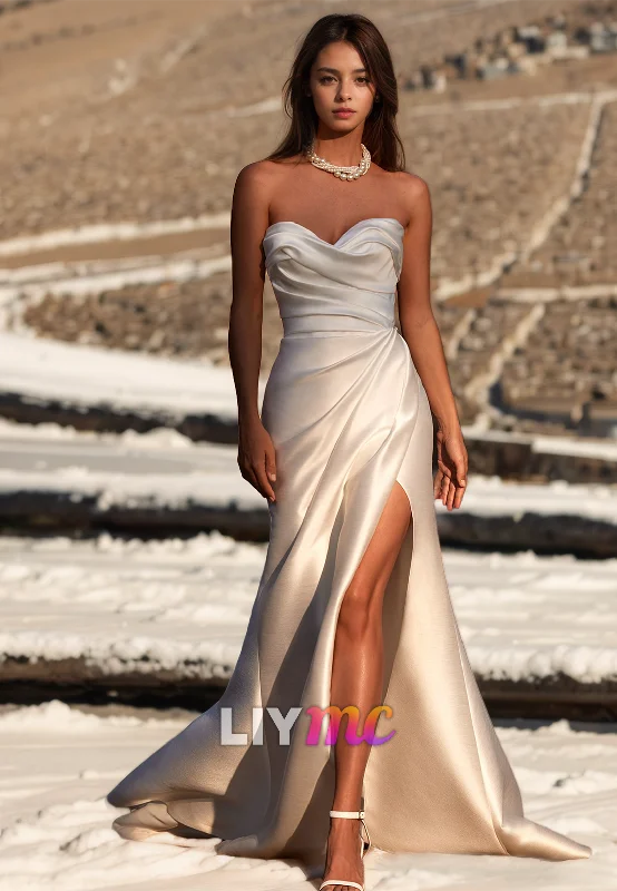 Sweetheart Sleeveless Ruched High Slit Sheath Beach Wedding Dress