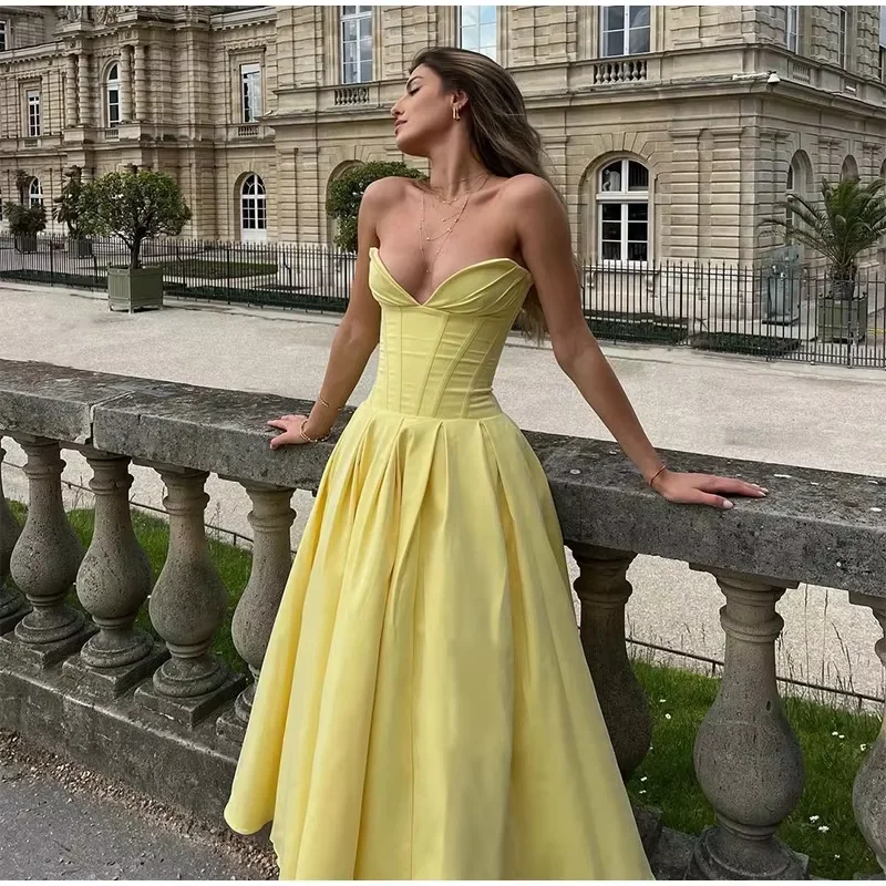 Chic Sleeveless Backless High Waist A-line Gown Lady Fashion Party Robe Elegant Yellow Women's Strapless Pleated Long Dress