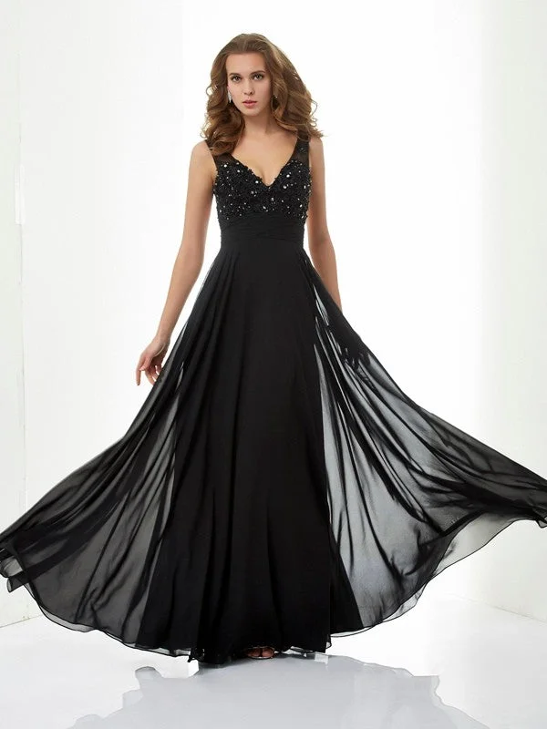 A-Line/Princess V-neck Sleeveless Beading Applique Long Chiffon Dresses