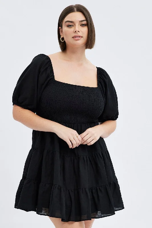 Black Fit And Flare Dress Short Sleeve Shirred