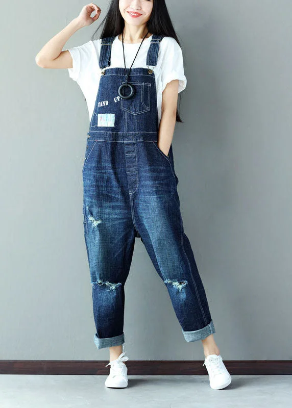 Classy Blue Applique Cotton Denim Jumpsuit Ripped Jeans Spring