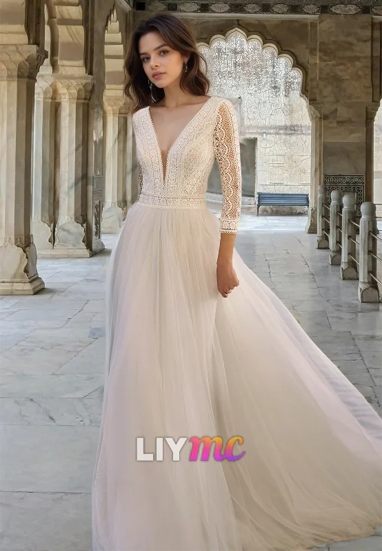 V-Neck Long Sleeves Lace Appliques Tulle A-Line Boho Wedding Dress