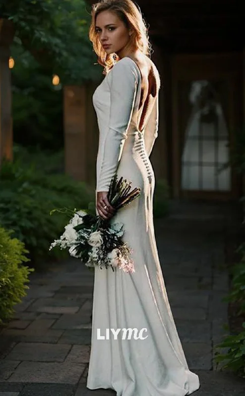 LW578 - Sheath Column Jewel Sweep Train Stretch Crepe Wedding Dresses