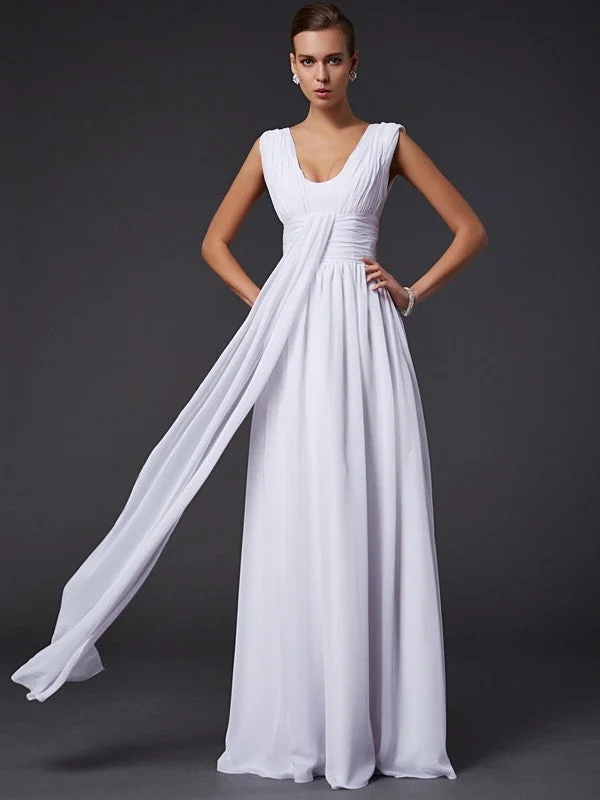 A-Line/Princess Jewel Sleeveless Pleats Long Chiffon Dresses