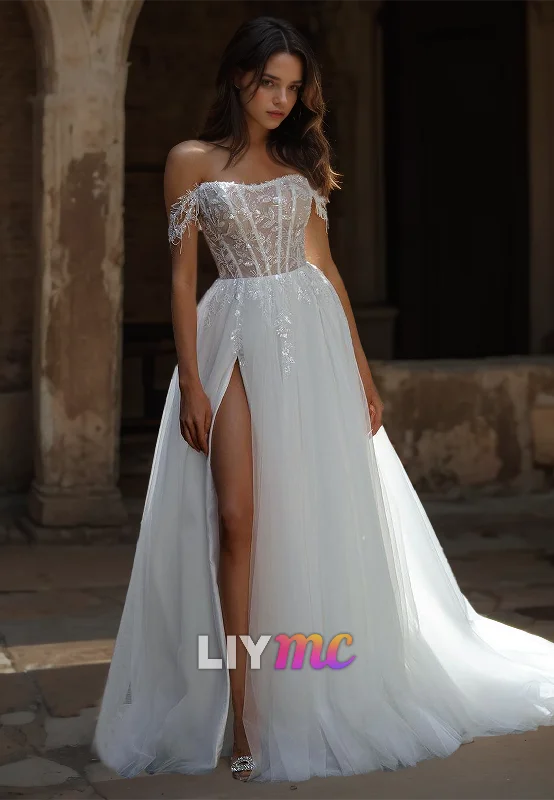 Off-Shoulder Sleeveless Appliques Tulle Ball Gown Wedding Dress