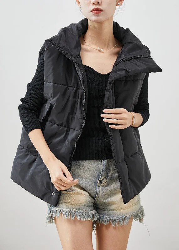 Women Black Oversized Pockets Fine Cotton Filled Womens Vest Winter