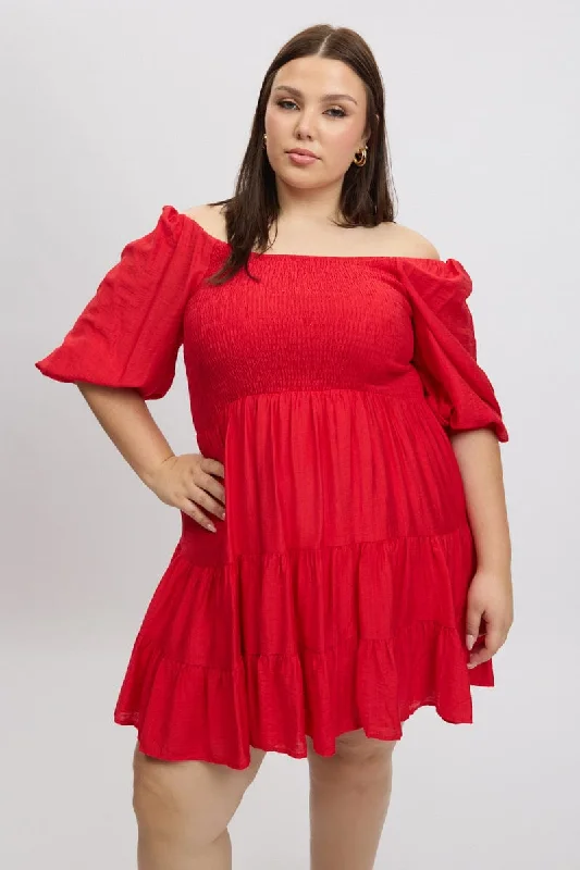 Red Shirred Bodice Puff Sleeve Tiered Mini Dress