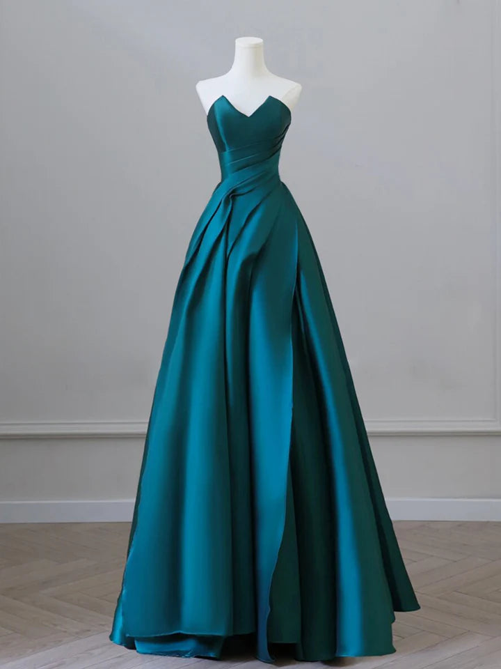 Simple A-Line Evening Dress Strapless Satin Wrinkle Long Elegant Dress