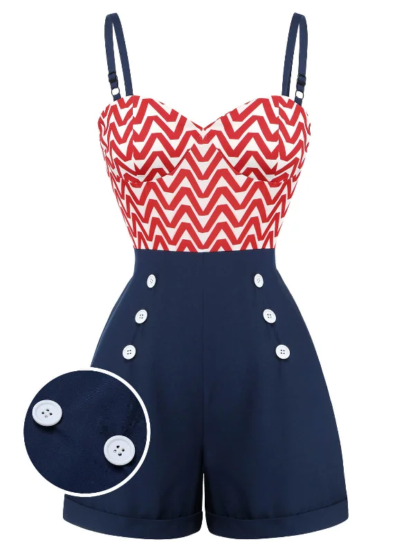 Red & Blue 1950s Chevron Stripe Strap Romper