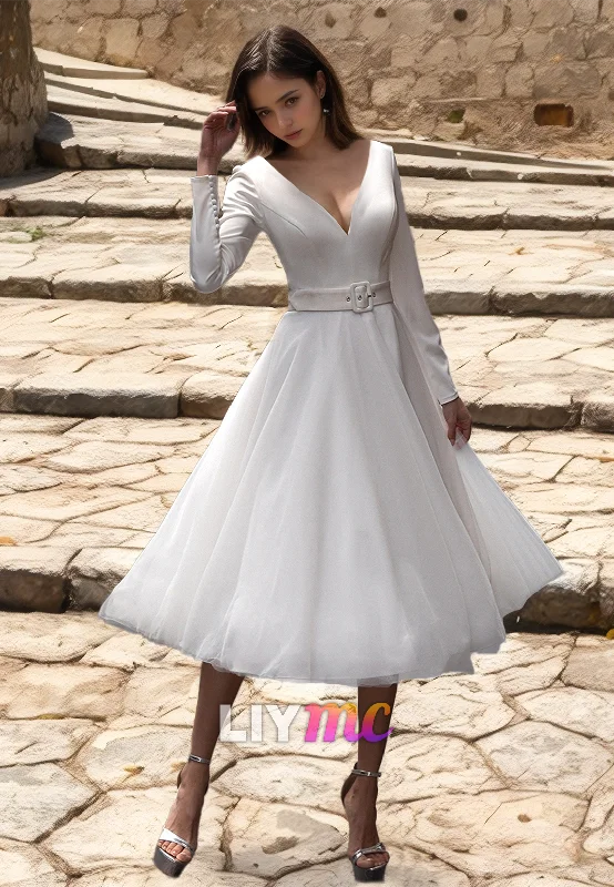 V-Neck Long Sleeves Pleated A-Line Simple Wedding Dress