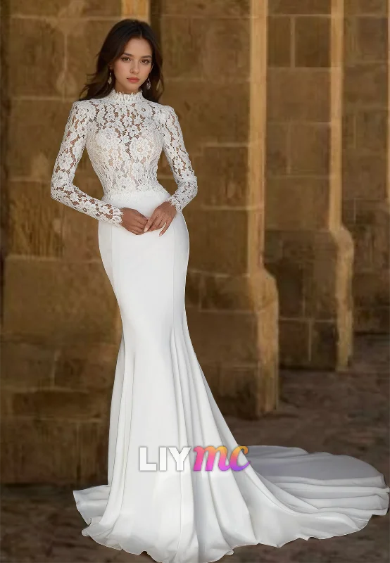 High Neck Long Sleeves Lace Appliques Sleek Mermaid Wedding Dress