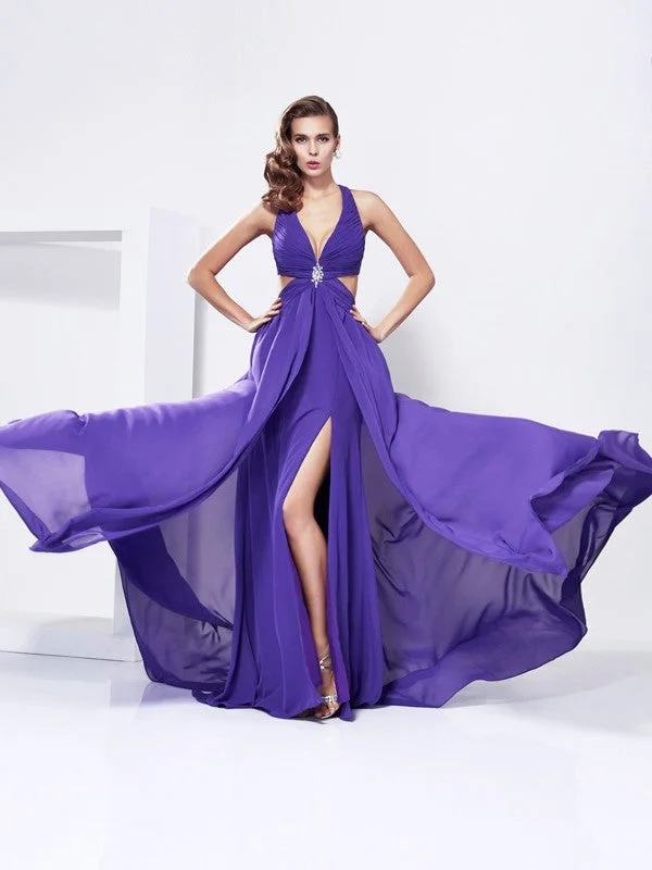 A-Line/Princess V-neck Sleeveless Rhinestone Long Chiffon Dresses