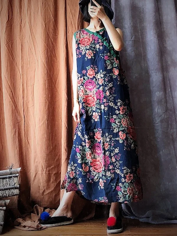 Vintage Blue Flower Spliced Robe Vest Dress