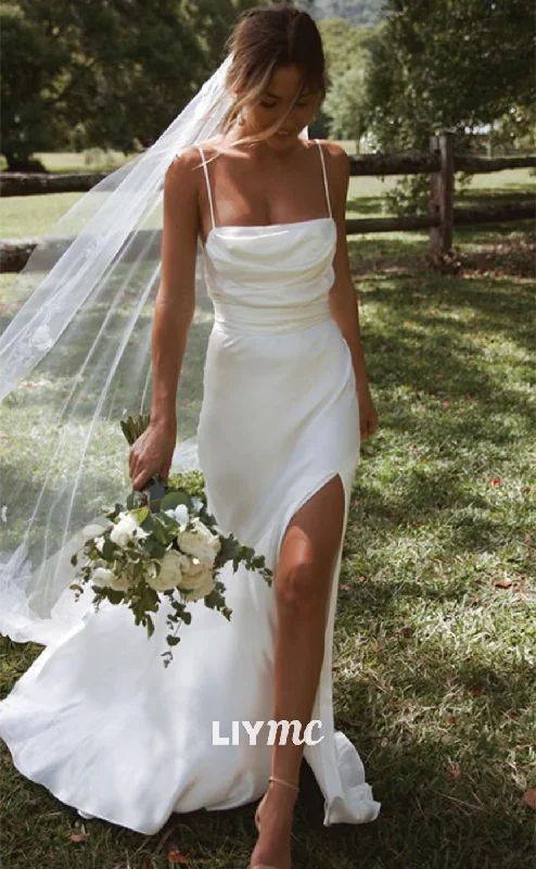 LW604 - Straight Across Spaghetti Straps Sleek Satin High Slit Beach Wedding Dress