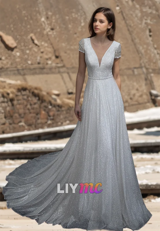 V-Neck Cap Sleeves Beaded Tulle A-Line Sparkly Wedding Dress