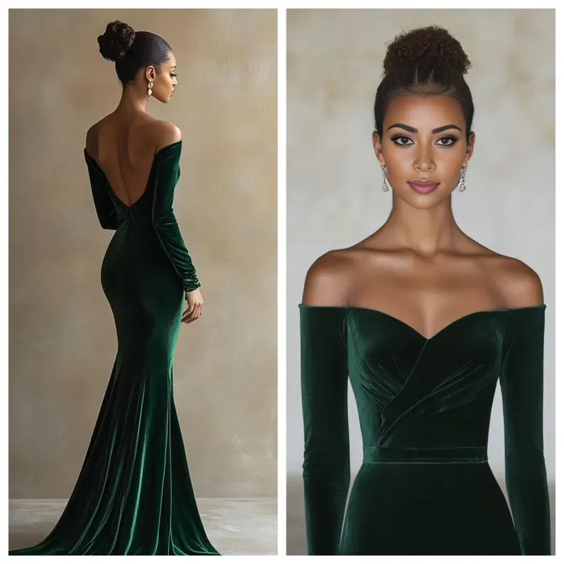 Evening Dress Velvet Off-Shoulder Custom Tailored Dress Long Sleeve Backless Elegant Formal Wear Dresses