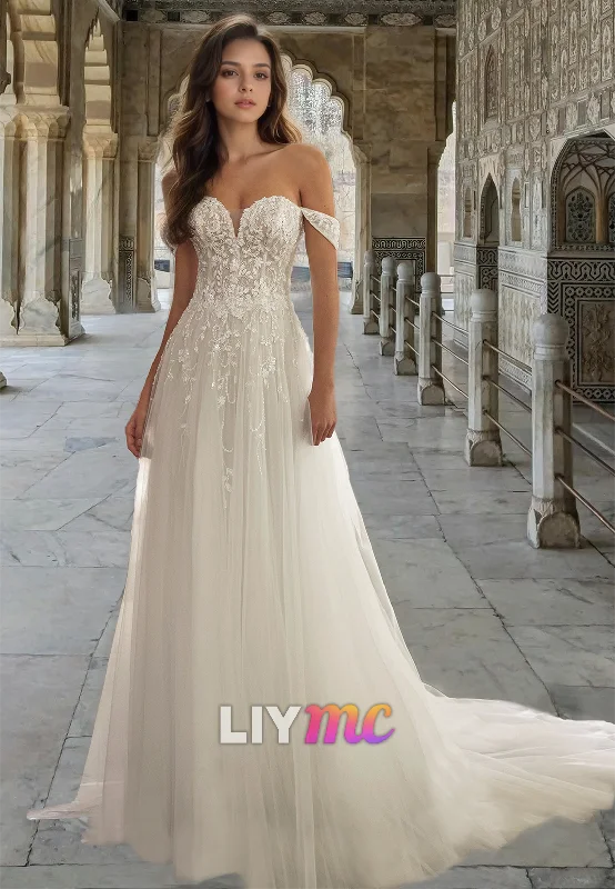 Off-Shoulder Sleeveless Lace Appliques Tulle A-Line Wedding Dress