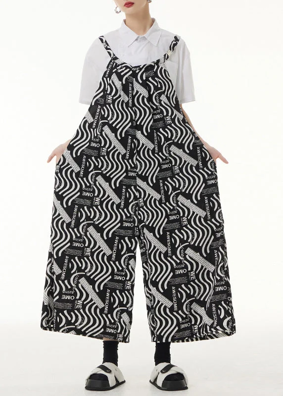 Loose Black Print Pockets Patchwork Silk Cotton Jumpsuits Sleeveless