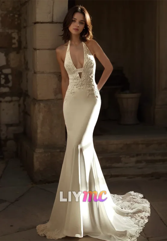 V-Neck Sleeveless Lace Appliques Mermaid Wedding Dress