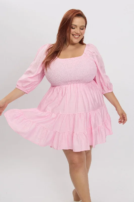 Pink Shirred Bodice Puff Sleeve Tiered Mini Dress