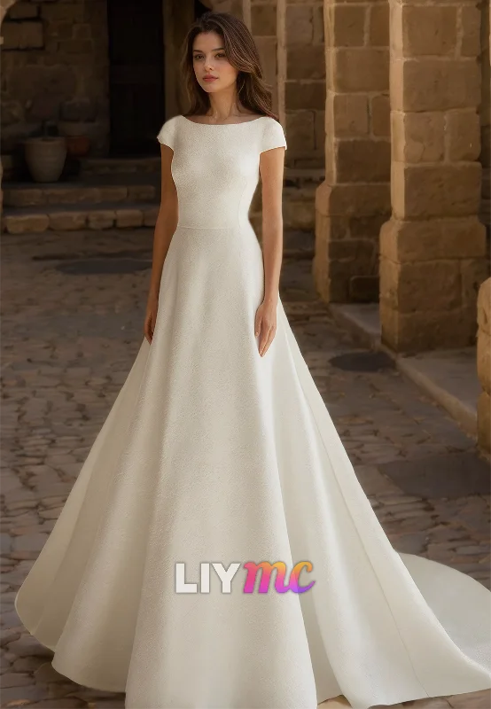 Scoop Cap Sleeves Sleek Bowknot A-Line Satin Wedding Dress