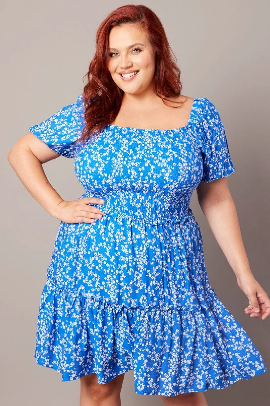 Blue Ditsy Shirred Frill Minidress