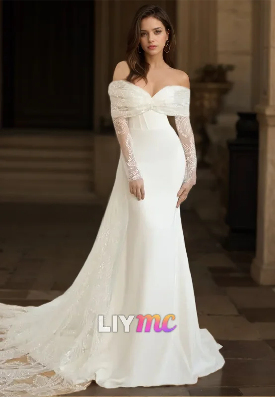 V-Neck Strapless Lace Appliques Sleek Mermaid Wedding Dress