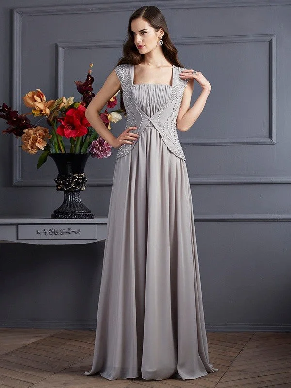 A-Line/Princess Square Sleeveless Beading Long Chiffon Dresses