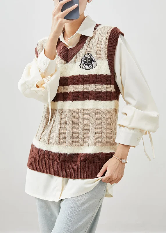 Casual Khaki V Neck Patchwork Knit Vest And Shirt Two Pieces Set Winter