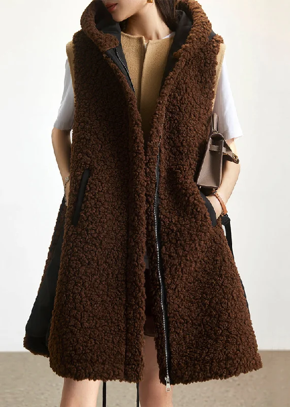 Loose Coffee Hooded Zippered Patchwork Teddy Faux Fur Waistcoat Sleeveless