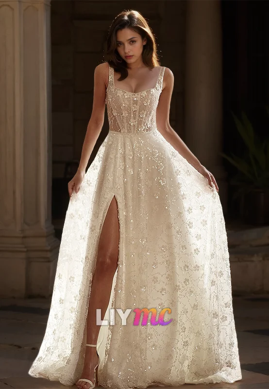 Scoop Sleeveless Straps Appliques High Slit A-Line Wedding Dress