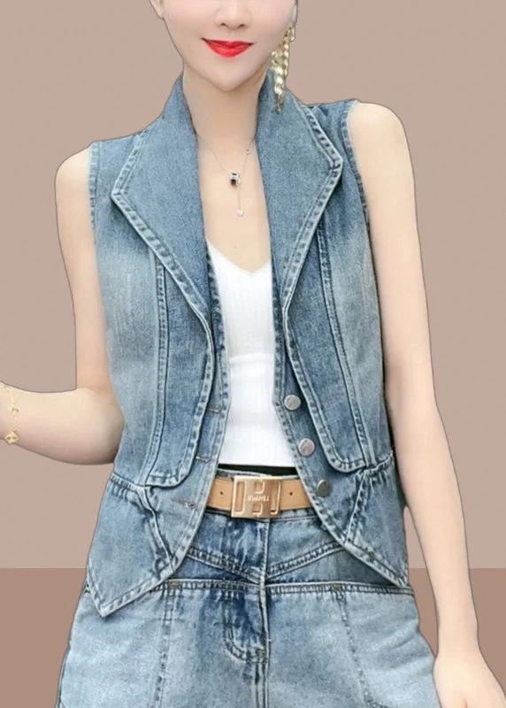 Natural Blue Peter Pan Collar Patchwork Denim Vest Sleeveless