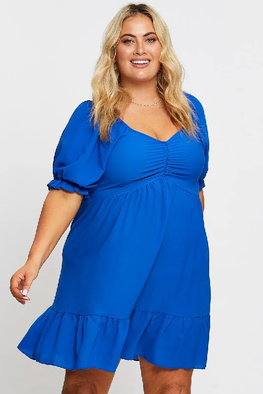 Mid Blue Short Puff Sleeve Gather Frill Hem Dress