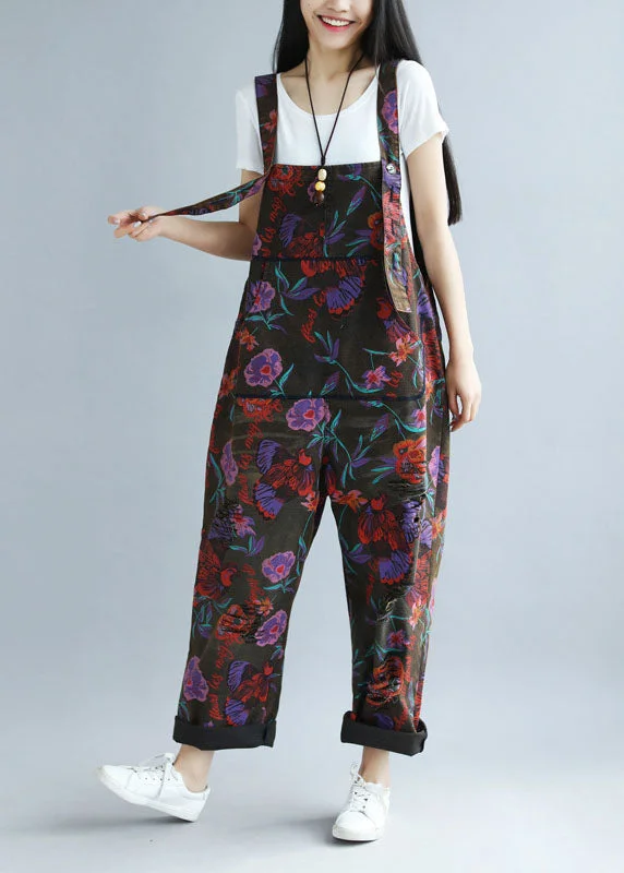 Boho Black Oversized Butterfly Print Ripped Cotton Overalls Jumpsuit Spring