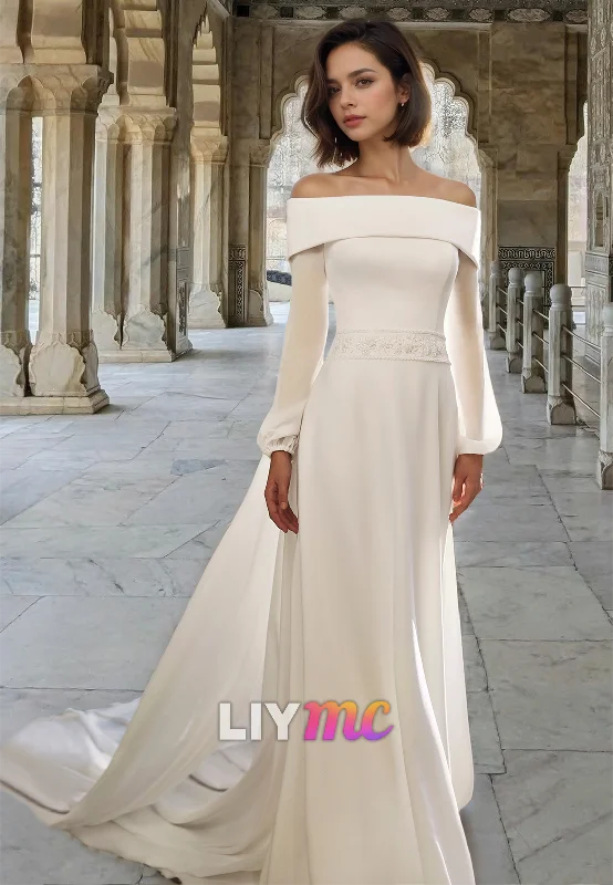 Off-Shoulder Long Sleeves Pleated Sweep Train A-Line Classic Wedding Dress