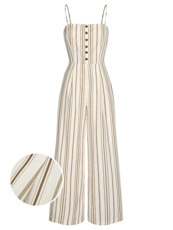 Brown 1930s Stripes Spaghetti Straps Jumpsuit