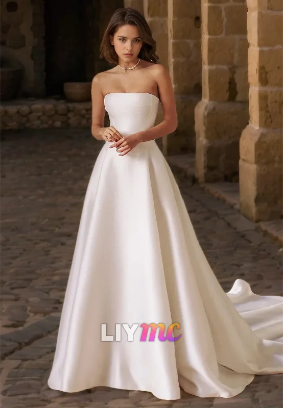 Straight Across Sleeveless Pleated Sleek Satin A-Line Wedding Dress