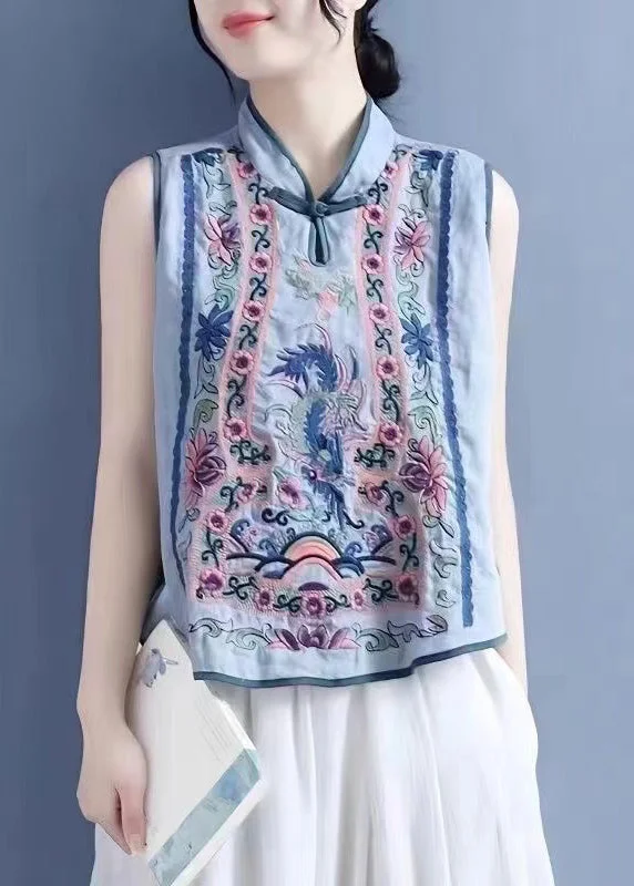 Art Light Blue Stand Collar Embroidered Floral Waistcoat Summer