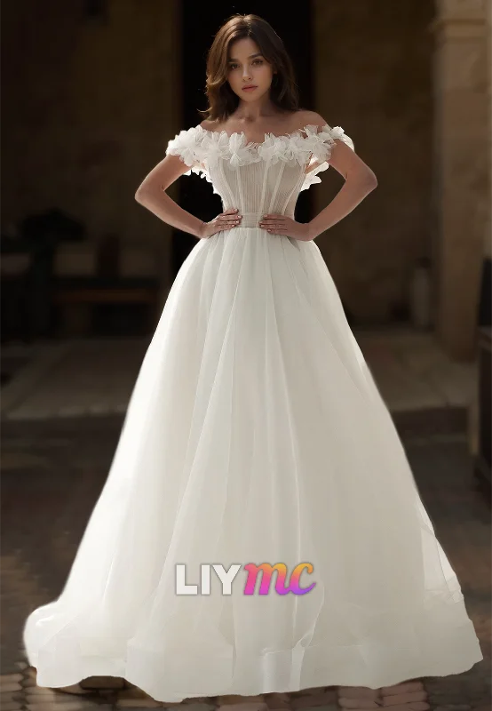 Off-Shoulder Strapless Floral Embellished Tulle Ball Gown Wedding Dress