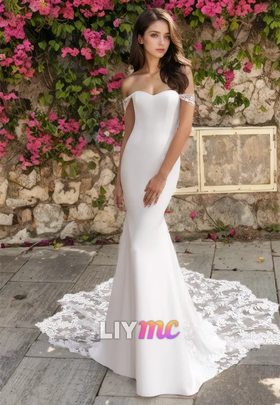 Off-Shoulder Strapless Appliques Sleek Satin Mermaid Wedding Dress