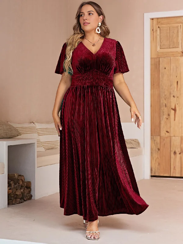 Evening dress Women’s V Neck Velvet Maxi Dress Short Sleeve Empire Waist Long plus size Formal Wear Dresses Wedding Guest Dress