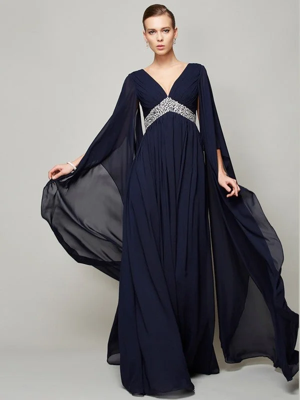 A-Line/Princess V-neck Long Sleeves Beading Long Chiffon Dresses