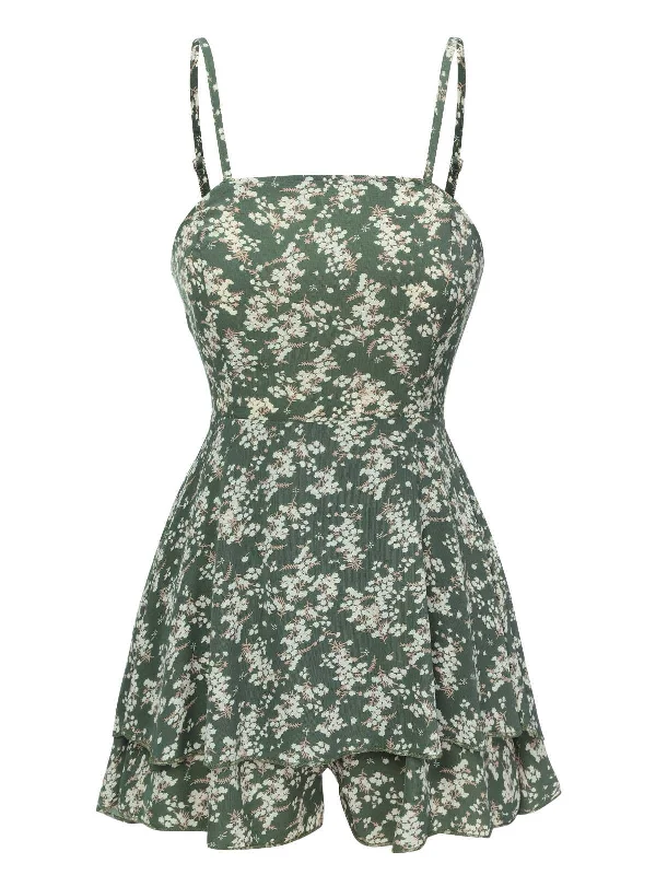 Green 1950s Spaghetti Strap Ditsy Floral Romper