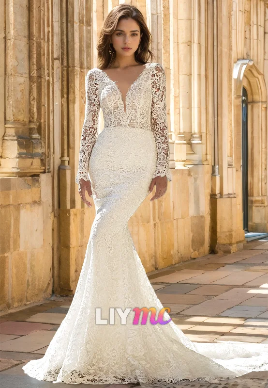 V-Neck Long Sleeves Lace Appliques Mermaid Wedding Dress