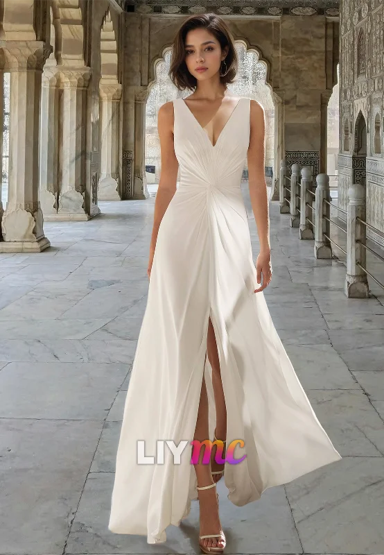 V-Neck Sleeveless Ruched Pleated Side Slit A-Line Beach Wedding Dress