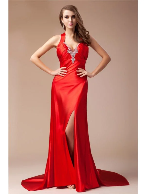 Sheath/Column V-neck Sleeveless Long  Woven Satin Dresses