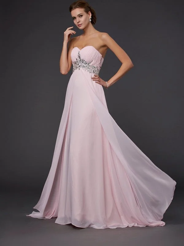 A-Line/Princess Sweetheart Sleeveless Beading Applique Long Chiffon Dresses