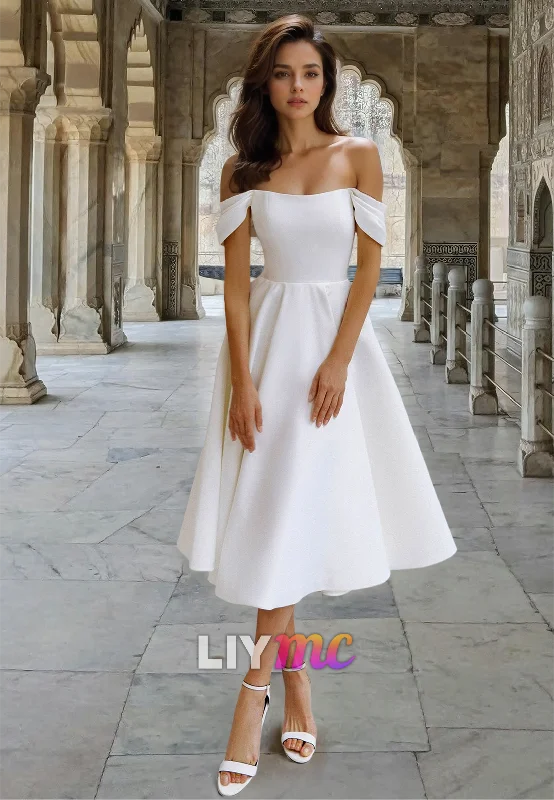 Off-Shoulder Sleeveless Pleated A-Line Beach Wedding Dress