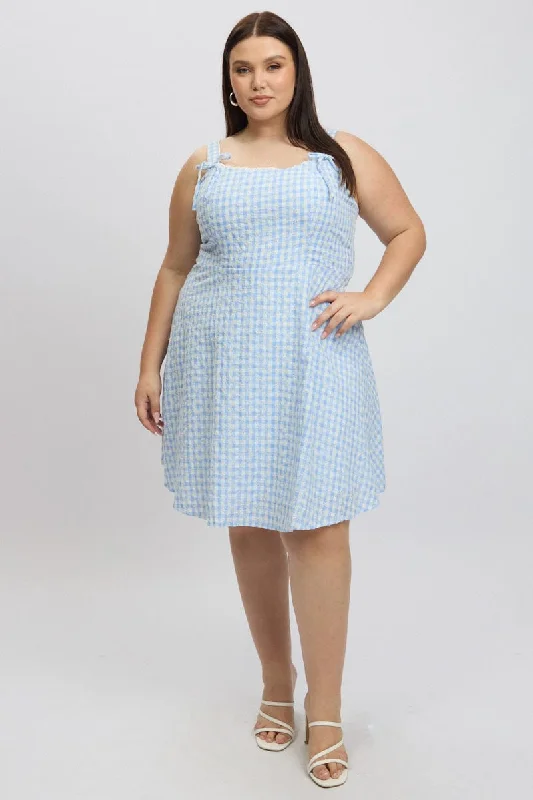 Blue Check Gingham Embroidered Mini Dress