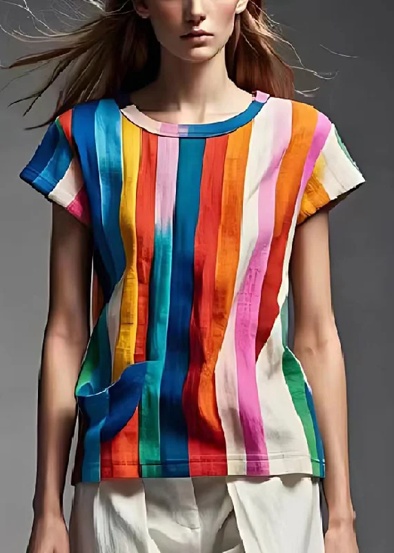 Style Rainbow Striped Pocket Cotton Beach Vest Summer